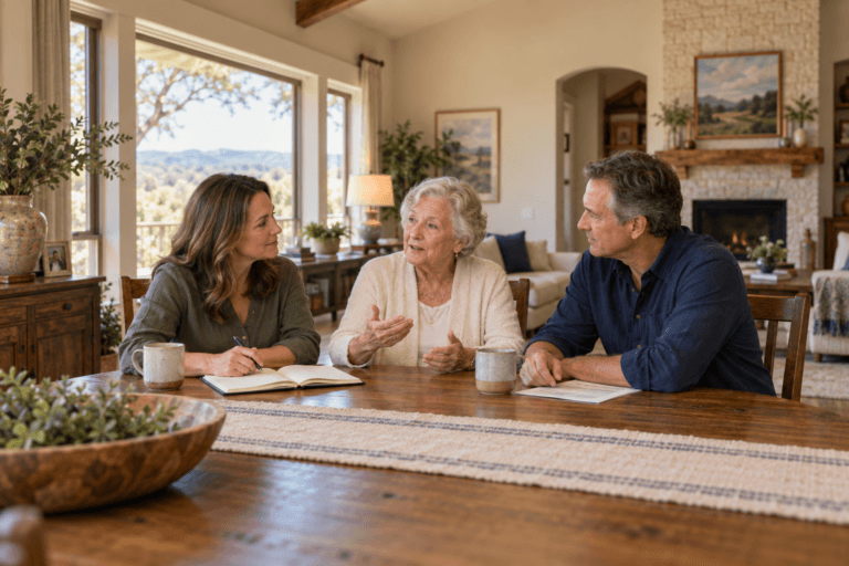 Older mother discussing senior living priorities with her adult daughter and son at home.