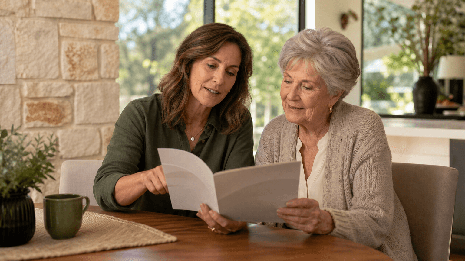 Adult daughter and older mother reviewing senior living information together in a warm Central Texas home